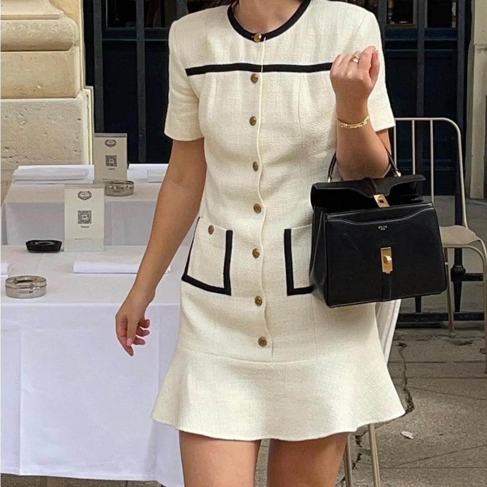 Commense Contrast Binding Button Tweed Short Dress Sz M Ivory - Picture 13 of 13